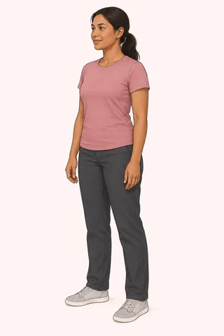 AI framing example: full body turned halfway between front and side